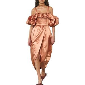 Ulla Johnson Copper Orange Off Shoulder Satin Tulip Lelita Midi Dress 10